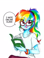 Size: 2258x3010 | Tagged: safe, artist:liaaqila, rainbow dash, equestria girls, g4, book, cute, dashabetes, egghead, egghead dash, eye clipping through hair, female, glasses, high res, looking at you, meme, online class, online school, open mouth, reading, reading rainbow, simple background, sitting, smiling, smiling at you, solo, traditional art, white background