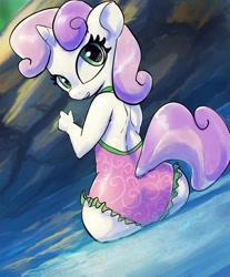 Size: 600x725 | Tagged: safe, alternate version, artist:grissaecrim, sweetie belle, unicorn, anthro, g4, adorasexy, ass, butt, clothes, cute, diasweetes, one-piece swimsuit, open mouth, open-back swimsuit, sexy, solo, swimsuit