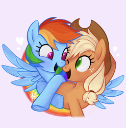 Size: 1958x1980 | Tagged: safe, artist:mn27, applejack, rainbow dash, earth pony, pegasus, pony, g4, applejack's hat, cowboy hat, female, freckles, hat, heart, lesbian, looking at each other, looking at someone, one eye closed, open mouth, open smile, ship:appledash, shipping, signature, simple background, smiling, spread wings, wings