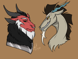 Size: 570x430 | Tagged: source needed, safe, artist:sombracord, discord, lord tirek, centaur, draconequus, g4, bust, gay, looking at each other, male, nose piercing, nose ring, piercing, septum piercing, shipping, signature, tirekcord