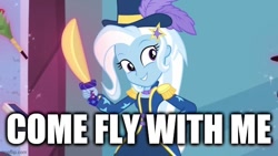 Size: 640x360 | Tagged: safe, edit, edited screencap, screencap, trixie, equestria girls, g4, street magic with trixie, spoiler:eqg series (season 2), caption, female, image macro, magician outfit, smiling, solo, text