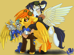 Size: 2901x2160 | Tagged: safe, artist:brainiac, soarin', spitfire, oc, oc:concorde, pegasus, pony, ask firestarter spitfire, g4, bomber jacket, bottomless, clothes, cute, fall guys, fall guys crown, family, female, filly, foal, high res, jacket, male, mare, nonbinary, ocbetes, offspring, parent:soarin', parent:spitfire, parents:soarinfire, partial nudity, pegasus oc, ship:soarinfire, shipping, stallion, straight, sunglasses, unshorn fetlocks, wings