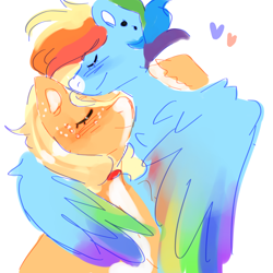 Size: 2048x2048 | Tagged: safe, artist:jupiterscent, applejack, rainbow dash, earth pony, pegasus, pony, g4, alternate hairstyle, colored sketch, colored wings, duo, ear piercing, eyes closed, female, floating heart, freckles, heart, high res, hug, lesbian, multicolored wings, pale belly, piercing, rainbow wings, ship:appledash, shipping, simple background, sketch, white background, winghug, wings