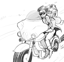 Size: 1000x980 | Tagged: safe, artist:immediocregoodbye, applejack, rainbow dash, human, ask human appletrash, g4, female, glasses, grayscale, humanized, lesbian, monochrome, motorcycle, ship:appledash, shipping