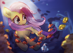 Size: 1900x1400 | Tagged: safe, artist:lexiedraw, fluttershy, fish, pegasus, pony, g4, female, mare, solo, sunlight, swimming, underwater, watershy