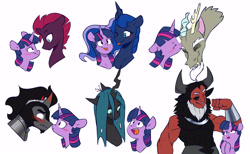 Size: 7110x4385 | Tagged: safe, artist:chub-wub, discord, king sombra, lord tirek, princess luna, queen chrysalis, tempest shadow, twilight sparkle, alicorn, centaur, changeling, changeling queen, draconequus, pony, unicorn, g4, :p, admiration, boop, broken horn, eyes closed, female, grin, horn, kissing, lesbian, male, mare, muscles, nose piercing, nose ring, noseboop, one eye closed, open mouth, piercing, raised hoof, septum piercing, ship:discolight, ship:tempestlight, ship:twibra, ship:twiluna, ship:twisalis, shipping, simple background, smiling, stallion, straight, tongue out, twilight sparkle (alicorn), twilight sparkle gets all the villains, twirek, white background, wink