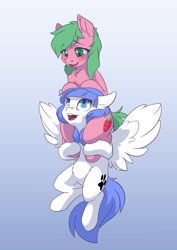 Size: 2480x3508 | Tagged: safe, artist:arctic-fox, oc, oc only, oc:pine berry, oc:snow pup, earth pony, pegasus, pony, blushing, female, floppy ears, flying, gradient background, high res, holding, looking at each other, looking down, looking up, mare, open mouth, pegasus oc, piggyback ride, simple background, smiling, spread wings, wings