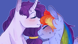 Size: 943x540 | Tagged: artist needed, source needed, safe, rainbow dash, rarity, g4, alternate hairstyle, blushing, female, kiss on the head, lesbian, mare, nuzzling, ship:raridash, shipping, tsunderainbow, tsundere