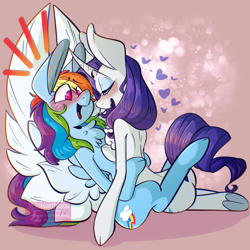 Size: 3000x3000 | Tagged: safe, artist:whiteartblood, rainbow dash, rarity, pegasus, pony, unicorn, g4, blushing, chest fluff, cuddling, eyes closed, female, high res, lesbian, mare, no pupils, open mouth, ship:raridash, shipping, sitting, smiling, spread wings, underhoof, watermark, wingboner, wings