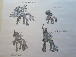 Size: 1280x960 | Tagged: safe, artist:amethynniathedragon, cozy glow, nightmare moon, queen chrysalis, starlight glimmer, changeling, g4, changelingified, species swap, traditional art
