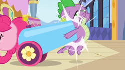 Size: 1280x720 | Tagged: safe, screencap, pinkie pie, spike, g4, the crystal empire, duo, party cannon