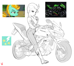 Size: 1077x970 | Tagged: safe, artist:sugarelement, lightning dust, human, pegasus, pony, g4, the washouts (episode), boots, cigarette, clothes, humanized, jeans, kawasaki ninja, lighter, midriff, mohawk, motorcycle, pants, scar, screencap reference, shoes, solo, tank top, tattoo