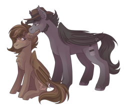 Size: 3500x3000 | Tagged: safe, artist:monnarcha, oc, oc only, oc:dusty trails, oc:onyx weatherfield, bat pony, pony, biting, ear bite, female, hat, high res, male, mare, simple background, stallion, transparent background