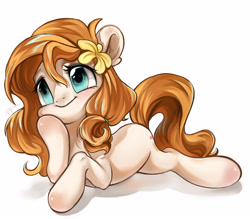 Size: 4000x3500 | Tagged: safe, artist:amo, pear butter, earth pony, pony, g4, cute, female, flower, flower in hair, high res, mare, pearabetes, simple background, smiling, solo, white background
