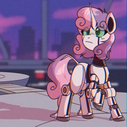 Size: 1200x1200 | Tagged: safe, artist:provolonepone, sweetie belle, pony, robot, robot pony, unicorn, g4, chromatic aberration, missing cutie mark, raised hoof, science fiction, solo, sweetie bot