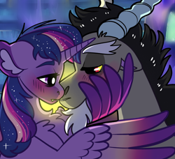 Size: 2300x2100 | Tagged: safe, artist:loryska, discord, twilight sparkle, alicorn, pony, g4, blushing, chest fluff, colored wings, colored wingtips, ear fluff, fangs, female, high res, infidelity, male, ship:discolight, shipping, straight, twilight sparkle (alicorn), wing hands, wings