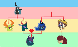 Size: 862x525 | Tagged: safe, artist:schumette14, pharynx, princess celestia, queen chrysalis, thorax, oc, oc:beetles, oc:muss, changedling, changeling, changepony, g4, family tree, female, king thorax, male, offspring, parent:pharynx, parent:princess luna, parents:lunarynx, prince pharynx, shipping, story included