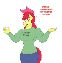 Size: 1570x1588 | Tagged: safe, artist:matchstickman, apple bloom, earth pony, anthro, matchstickman's apple brawn series, tumblr:where the apple blossoms, g4, apple bloom's bow, apple brawn, bow, breasts, busty apple bloom, clothes, comic, dialogue, female, free hugs, hair bow, jeans, long sleeves, looking at you, mare, muscles, muscular female, older, older apple bloom, pants, simple background, solo, speech bubble, sweater, talking to viewer, tumblr comic, white background