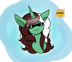 Size: 774x668 | Tagged: safe, artist:kaggy009, oc, oc only, oc:peppermint pattie (unicorn), pony, ask peppermint pattie, emoji, solo, sunglasses