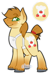 Size: 740x1031 | Tagged: safe, artist:cihiiro, oc, oc only, oc:baked apple, earth pony, pony, apron, clothes, freckles, gradient hooves, male, offspring, parent:applejack, parent:donut joe, parents:donutjack, simple background, solo, stallion, transparent background, watermark