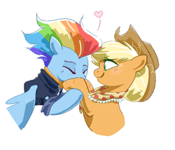 Size: 855x733 | Tagged: safe, artist:pinkablue, applejack, rainbow dash, earth pony, pegasus, pony, g4, the last problem, eyes closed, female, floating heart, heart, hoof kissing, lesbian, mare, older, older applejack, older rainbow dash, ship:appledash, shipping, simple background, white background