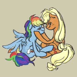 Size: 1000x1000 | Tagged: safe, artist:laya-21, applejack, rainbow dash, earth pony, pegasus, pony, g4, duo, female, head in hooves, lesbian, looking at each other, ship:appledash, shipping, simple background, sitting, smiling