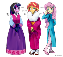 Size: 2000x1800 | Tagged: safe, artist:haden-2375, fluttershy, sunset shimmer, twilight sparkle, equestria girls, g4, cheongsam, chinese, clothes, hanbok, japanese, kimono (clothing), korean, misleading thumbnail, simple background, trio, white background