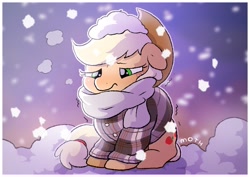 Size: 1457x1032 | Tagged: safe, artist:mochi_nation, applejack, earth pony, pony, g4, clothes, cold, female, floppy ears, freezing, frown, mare, miserable, misery, sad, scarf, shivering, sitting, snow, solo, sweater, winter