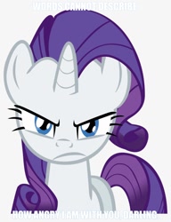 Size: 820x1070 | Tagged: safe, rarity, pony, unicorn, g4, angry, caption, female, frown, implied evil, looking at you, mare, meme, rarity is not amused, solo, text, unamused