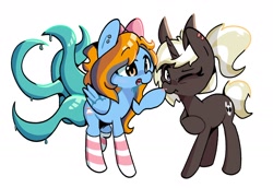 Size: 1858x1276 | Tagged: safe, artist:kindakismet, oc, oc only, pony, unicorn, augmented tail, boop, clothes, commission, duo, ear piercing, female, mare, one eye closed, open mouth, piercing, simple background, smiling, socks, striped socks, tentacle tail, tentacles, white background, wink