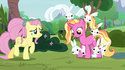 Size: 1920x1080 | Tagged: safe, screencap, fluttershy, luster dawn, pegasus, pony, rabbit, unicorn, g4, the last problem, animal, butt touch, female, mare, older, older fluttershy, tree
