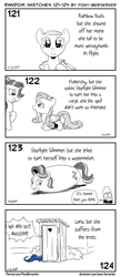 Size: 1320x3035 | Tagged: safe, artist:pony-berserker, fluttershy, princess luna, rainbow dash, starlight glimmer, alicorn, original species, pegasus, pony, unicorn, pony-berserker's twitter sketches, g4, bald, but why, cursed image, dialogue, disappointed, eye contact, female, floppy ears, fluttershy is not amused, food, frown, grin, halftone, implied diarrhea, implied pooping, inanimate tf, lidded eyes, looking at each other, luna is not amused, mare, monochrome, nervous, nervous smile, offscreen character, outhouse, partial color, pickle rick, raised hoof, razor blade, rick and morty, rick sanchez, shaved, shaved head, shaved mane, sheepish grin, short, short legs, simple background, sketch, sketch dump, smiling, smol, speech bubble, squatpony, toilet, transformation, unamused, watermelon, white background