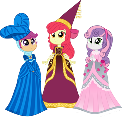 Size: 1280x1218 | Tagged: safe, artist:limedazzle, apple bloom, scootaloo, sweetie belle, equestria girls, for whom the sweetie belle toils, g4, adorabloom, clothes, costume, cute, cutealoo, cutie mark crusaders, diasweetes, dress, dressup, gown, hat, hennin, jewelry, looking at you, looking up, necklace, princess, princess apple bloom, school play, show accurate, simple background, transparent background, vector