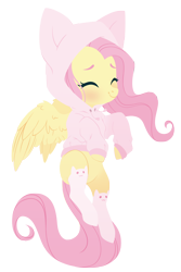 Size: 2678x4000 | Tagged: safe, artist:belka-sempai, fluttershy, pegasus, pony, blushing, cat ears, cat hoodie, clothes, cute, daaaaaaaaaaaw, eyes closed, female, fluttercat, high res, hoodie, mare, shyabetes, simple background, smiling, socks, solo, spread wings, three quarter view, transparent background, weapons-grade cute, white socks, wings