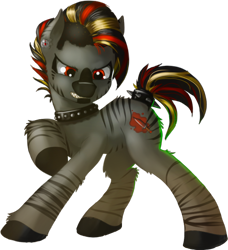 Size: 688x754 | Tagged: safe, artist:demondesigner, artist:firehearttheinferno, oc, oc only, oc:bg, oc:bloody gash, oc:ruby blood, hybrid, pony, zony, fallout equestria, black hooves, black mane, blaze (coat marking), choker, coat markings, collaboration, collar, colored muzzle, cutie mark, dagger, dirty, dust, ear piercing, earring, facial markings, fallout equestria oc, female, filly, gray coat, growling, highlights, hybrid oc, jewelry, mohawk, multicolored hair, part of a full image, piercing, red eyes, sharp teeth, solo, spiked collar, stripes, studded choker, teenager, teeth, transparent background, weapon, zony oc