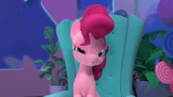 Size: 1920x1080 | Tagged: safe, screencap, pinkie pie, earth pony, pony, g4, hello pinkie pie, 3d, animated, chair, female, looking at you, mare, open mouth, sitting, solo, sound, webm