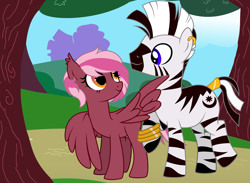 Size: 4160x3048 | Tagged: safe, artist:mint-light, derpibooru exclusive, editor:bnau, oc, oc only, oc:zeny, oc:zephyr, bat pony, pegasus, pony, zebra, bat pony oc, bat wings, female, interspecies, jewelry, looking at each other, male, pointing, shipping, straight, wing hands, wings, zebra oc
