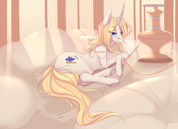 Size: 3600x2600 | Tagged: safe, artist:chapaevv, oc, oc only, oc:blue haze, pony, saddle arabian, unicorn, blonde, commission, female, high res, hookah, looking at you, lying down, mare, pillow, smoking, solo