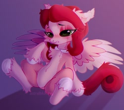 Size: 1468x1302 | Tagged: safe, artist:astralblues, oc, oc only, oc:nasty cherry, pegasus, pony, bedroom eyes, chest fluff, coat markings, cute, ear fluff, eyebrows, eyeshadow, fluffy, jewelry, leg fluff, makeup, necklace, pale belly, raised eyebrow, shy, sitting, socks (coat markings), solo, spread legs, spread wings, spreading, two toned wings, wings