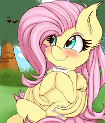 Size: 1721x2012 | Tagged: safe, artist:freefraq, fluttershy, pegasus, pony, g4, blushing, cheek fluff, chest fluff, cup, cute, drink, ear fluff, female, fluffy, folded wings, freefraq is trying to murder us, grass, holding, hoof fluff, hoof hold, hooves together, leg fluff, looking away, looking up, mare, music notes, outdoors, shoulder fluff, shyabetes, sitting, smiling, solo, three quarter view, tree, wing fluff, wings