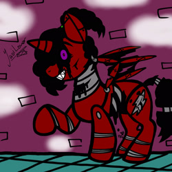 Size: 2048x2048 | Tagged: safe, artist:artmama113, oc, oc only, oc:yaoilover, alicorn, bat pony, bat pony alicorn, pony, robot, robot pony, animatronic, bat pony oc, bat wings, female, five nights at freddy's, grin, high res, horn, mare, raised hoof, signature, smiling, solo, wings