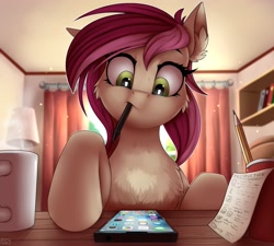 Size: 4000x3603 | Tagged: safe, artist:lightly-san, roseluck, earth pony, pony, fanfic:fine print, g4, cellphone, cheek fluff, ear fluff, facebook, fanfic art, female, high res, instagram, iphone, itunes, mare, mouth hold, phone, ponies with technology, smartphone, snapchat, solo, stylus, sweat