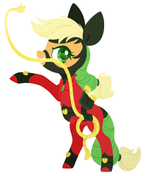 Size: 3000x3586 | Tagged: safe, artist:belka-sempai, applejack, mistress marevelous, earth pony, pony, g4, power ponies (episode), clothes, colored pupils, costume, female, high res, lasso, lasso of truth, lineless, mare, mouth hold, power ponies, profile, rearing, rope, simple background, solo, transparent background