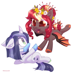 Size: 3736x3688 | Tagged: safe, artist:helemaranth, oc, oc only, oc:porona, oc:social distance, bat pony, pony, unicorn, bat pony oc, bat wings, clothes, commission, coronavirus, covid-19, duo, duo female, female, gloves, high res, hoof gloves, horn, mask, rubber gloves, simple background, surgical mask, unicorn oc, white background, wings, ych result