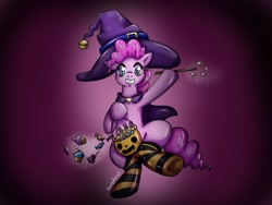 Size: 1280x960 | Tagged: safe, artist:bubucoy, pinkie pie, earth pony, pony, g4, 2019, candy, clothes, female, food, hat, hoof hold, magic wand, mare, pumpkin, smiling, socks, solo, striped socks, witch hat