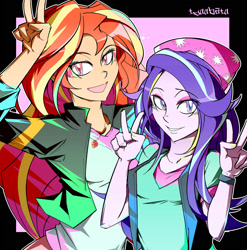 Size: 1600x1618 | Tagged: safe, artist:tyuubatu, starlight glimmer, sunset shimmer, equestria girls, g4, beanie, clothes, double peace sign, duo, looking at you, peace sign, smiling