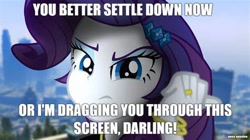 Size: 474x266 | Tagged: safe, rarity, equestria girls, equestria girls series, g4, angry, anti-bronybait, breaking the fourth wall, caption, equestria girls in real life, female, fourth wall, frown, image macro, looking at you, meme, solo, text