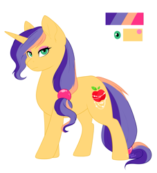 Size: 1077x1188 | Tagged: safe, artist:silentwolf-oficial, oc, oc only, oc:apple lust, pony, unicorn, female, horn, magical lesbian spawn, mare, next generation, offspring, parent:applejack, parent:rarity, parents:rarijack, reference sheet, solo, story included, unicorn oc