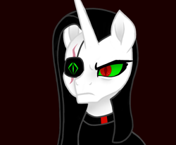 Size: 971x800 | Tagged: safe, artist:crystalcontemplator, oc, oc only, pony, unicorn, bust, clothes, eye scar, eyepatch, frown, horn, red background, scar, simple background, solo, unicorn oc