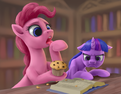Size: 2400x1875 | Tagged: safe, artist:odooee, pinkie pie, twilight sparkle, alicorn, earth pony, pony, g4, angry, book, book abuse, bookhorse, bookshelf, crumbs, death stare, duo, female, floppy ears, food, hoof licking, library, licking, mare, muffin, that pony sure does love books, tongue out, twilight sparkle (alicorn), twilight sparkle is not amused, unamused